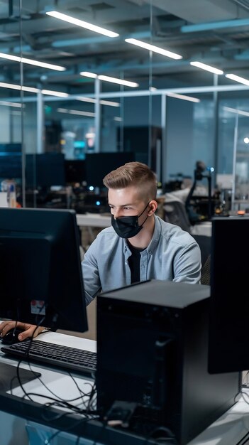 Young Handsome Software Developer Working on Computer in a Technological Laboratory Environment