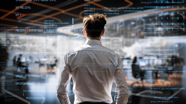 Young male programmer engaged in ai engineering lisp