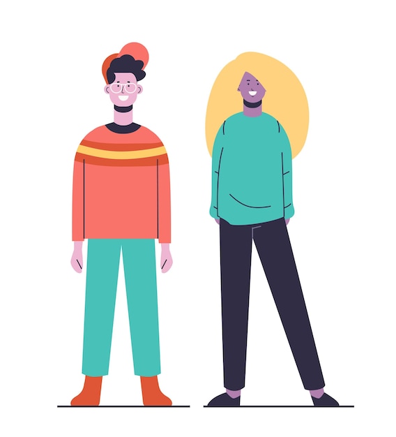 young man and woman posing in casual clothes cartoon characters standing together full length