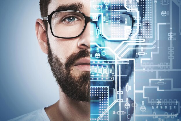 Young man with pixelate and printed circuit board effects over half of his face Concepts of Technological Singularity and AI takeover