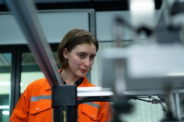 Young woman in an electronic parts factory Using a production line controller and are recommending