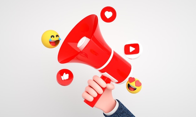 Youtube icons and logos with 3d megaphone for digital and social media marketing background
