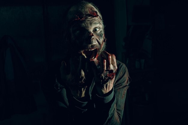 Zombie male makeup for halloween concept Make up skin and blood face