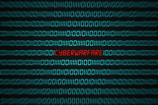 Zoom på det røde ord Cyberwarfare skjult midt i en binær kodesekvens
