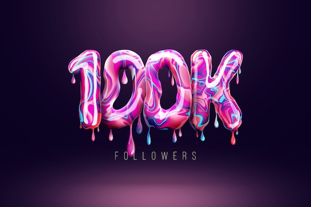 100 K followers sign in the form of delicious candy, melting sweets. Thank you 100,000 followers creative background. Modern design, abstract template, poster, flyer. 3D illustration, 3D rendering.