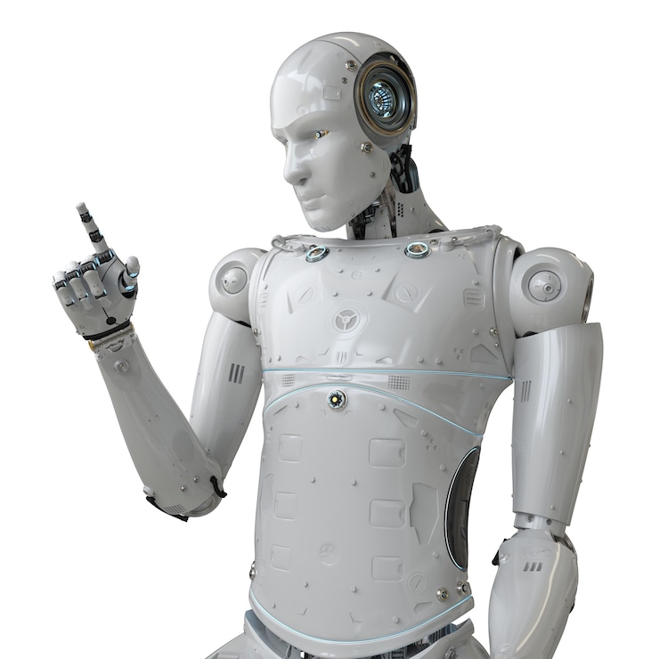 Fotoğraf 3 boyutlu beyaz zemin üzerinde parmak işareti yapan insansı robot çizimi