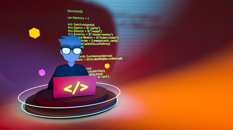 Fotoğraf 3 boyutlu bilgisayar ve sarı kodlu programcı