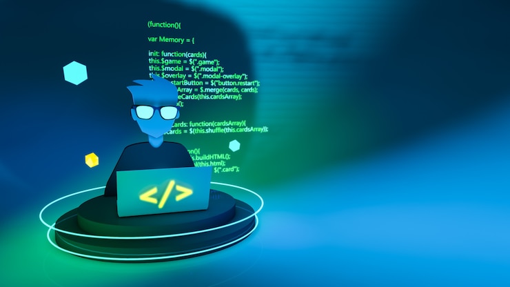 Fotoğraf 3 boyutlu bilgisayar ve yeşil kodlu programcı
