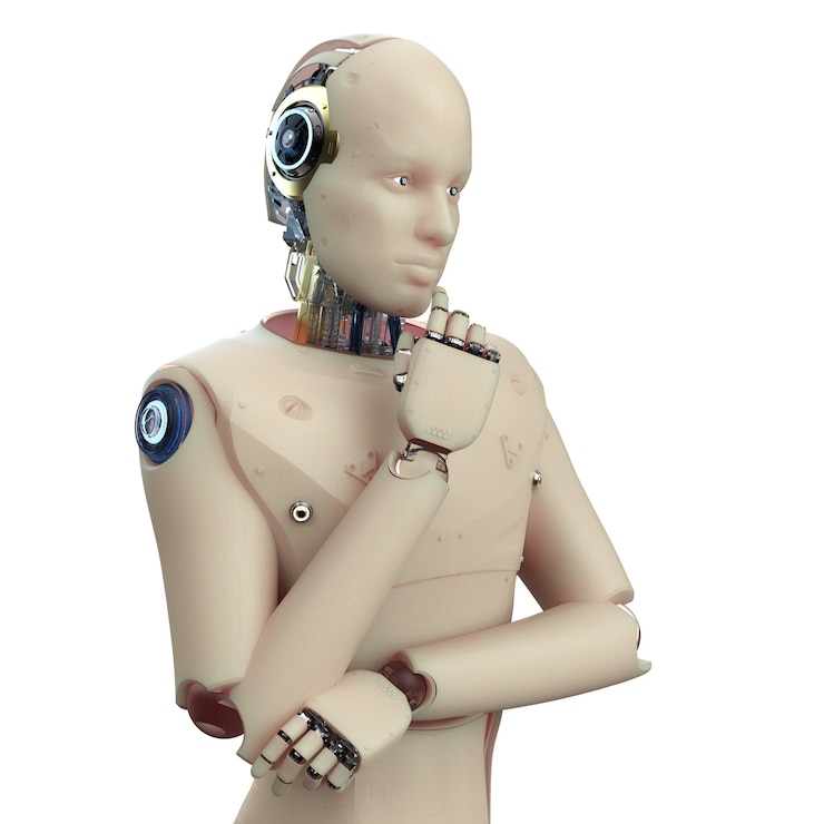 Fotoğraf 3 boyutlu insan tenli yapay zeka robotu düşünüyor veya beyaz üzerinde izole edilmiş analiz ediyor