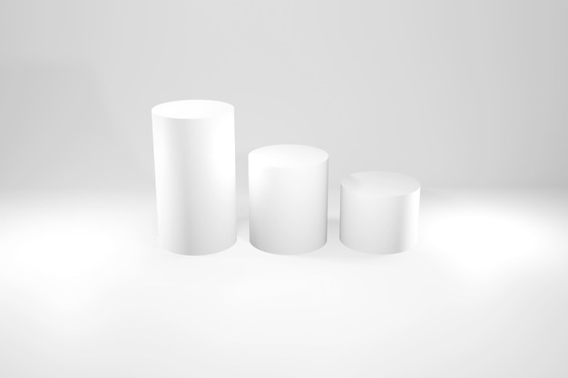 3 white cylinder pedestal podium, Podium abstract 3d background