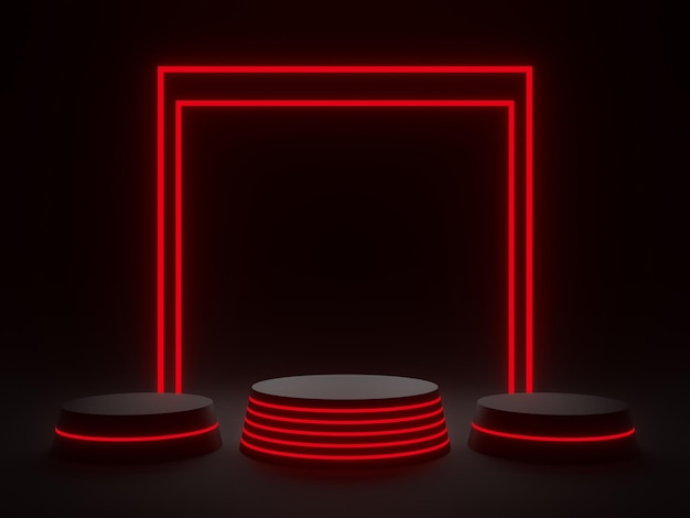 3D black geometric product podium with red neon light