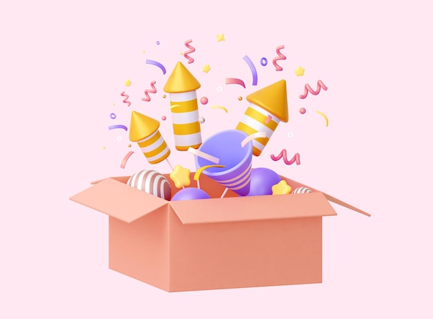 3D box with fireworks and balloons on an isolated pink background