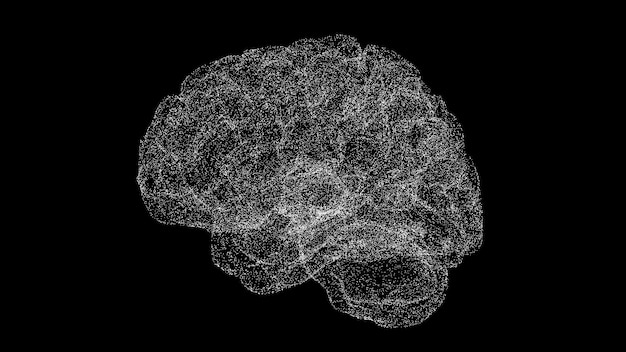 3d brain on black bg object dissolved flickering particles scientific medical concept for title text presentation 3d animation