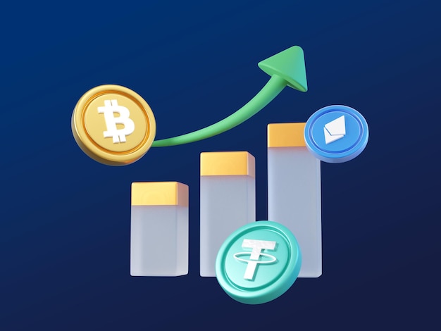 3D Cryptocurrency trading growth statistics Arrow up financial growth concept 3d render