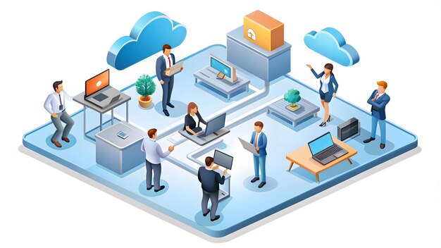 3d Flat vector as Business team collaborating through cloud computing concept as Vector illustration