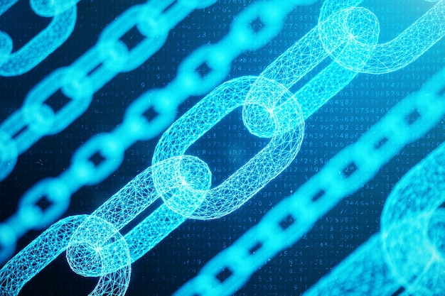 3D illustration digital block chain code. Chain links network. Low polygonal grid of triangles glowing in blue dot network, abstract background. Concept of Network, internet communication.