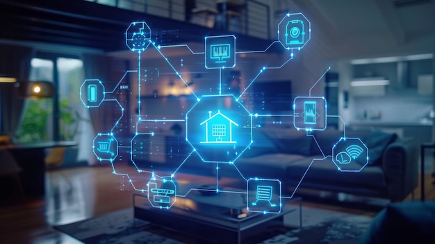 3D illustration of a Smart Home Automation Control System Futuristic innovative system for online control of smart home elements Transparent digital network against blurred living room background