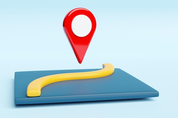 3d illustration of marking geolacation with a red winding route navigation marker on a blue map