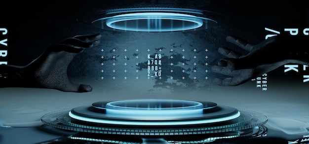 3d illustration rendering of y2k 2000s gaming technology futuristic fantasy metaverse cyberpunk scifi display podium pedestal stage room abstract background in neonglow