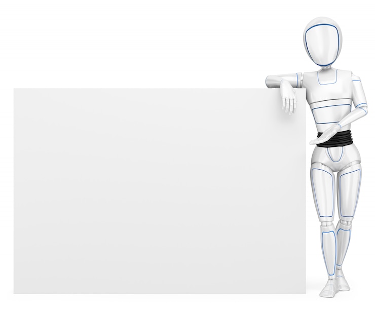 Fotoğraf 3d i̇nsan biçimli robot, boş bir poster üzerine yaslanmış