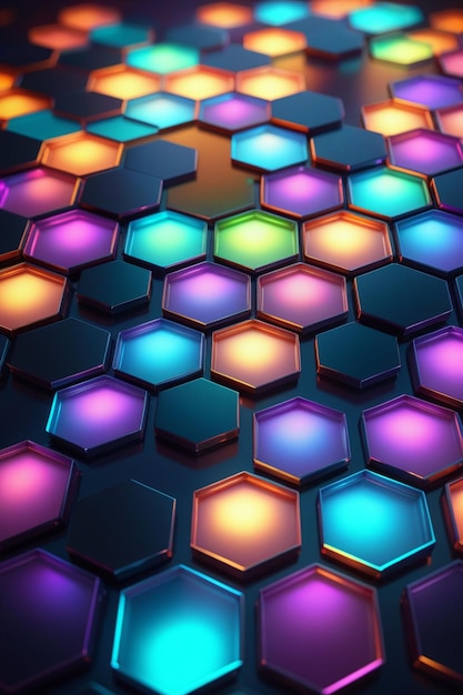 3D metal glowing hexagon objects with neon lights vertical composition