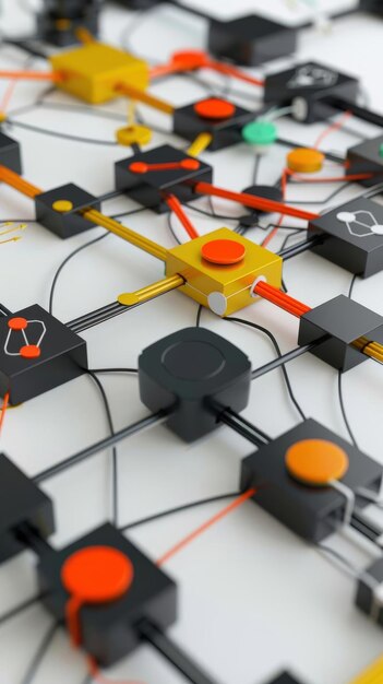 3D model of AI text with arrows and flowcharts indicating strategy on a white background