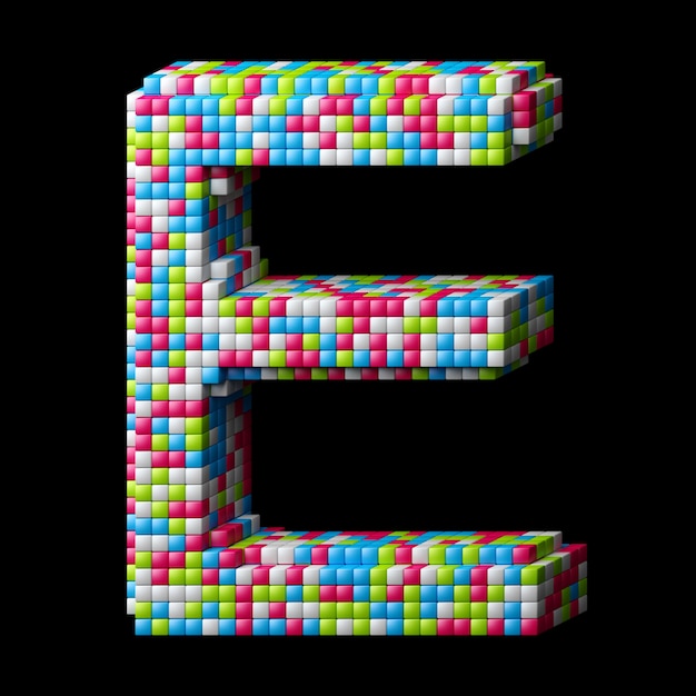 3d pixelated alphabet. Letter E made of glossy cubes isolated on black.