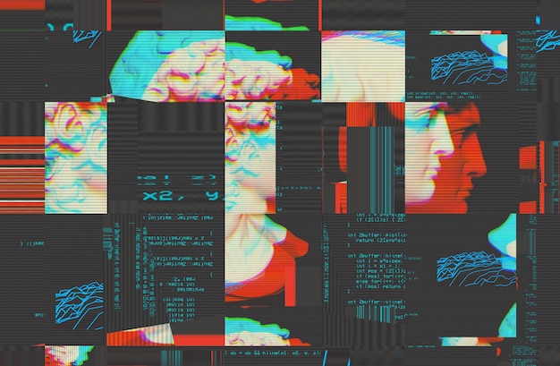3d portrait of an antique sculpture with a glitch effect cyberpunk style conceptual disease of artificial intelligence virtual reality deep learning and suspicion systems