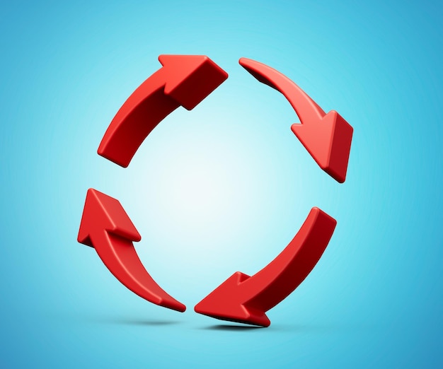 3d Red Recycle Icon Symbol 3d Four Red Rotation Arrows Isolated On Blue Background 3d illustration