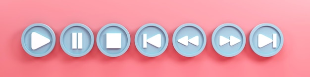 3d render 3d illustration set of media player button icons on pink background