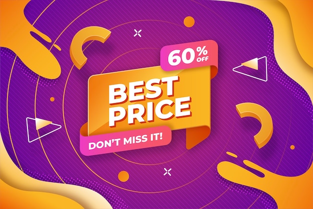 3d render Best Price Sixty Percent Off Dont Miss It on orange text bubble on purple background