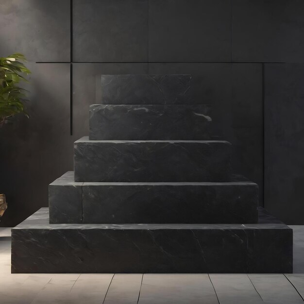 3d render black stone podium for display product rough textured blocks object placement