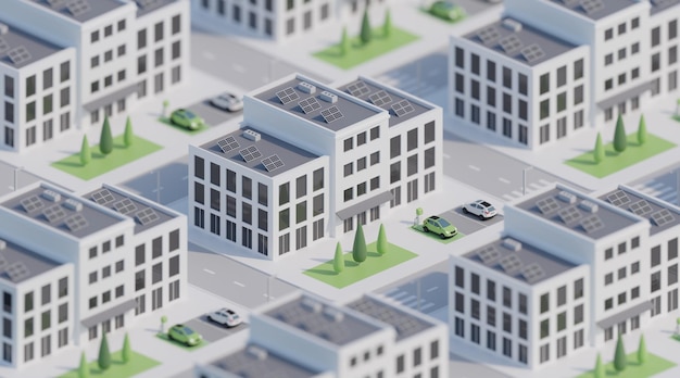 3d render business offices builings with solar panels and electric car and parking isometric street