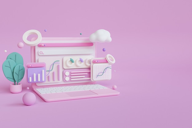 3d render concept computer laptop seo analysis with statistics