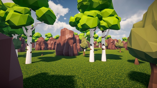 3D Render düşük Polygon orman ve kaya ortamı arka planı