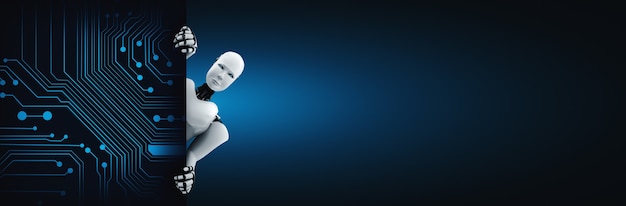 3D render humanoid robot show up from the wall