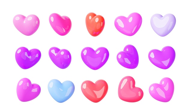 3d render icon set of colorful hearts rotation Cartoon game animation sprite sheet Isolated red pink blue purple decor elements symbol of love Valentines day romantic emoji