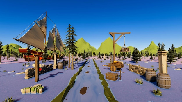3d render low polygon background with mock up landscape canva scenery