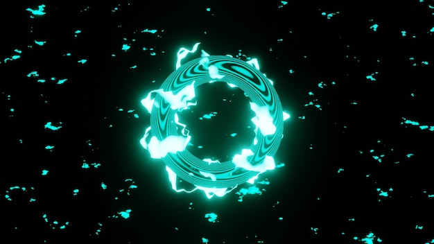 3D Render Neon parıltılı enerji şekli soyut sihirli parlak girdaplar fantezi yuvarlak portal ve koyu arka planda parıltılı parçacık parıltıları Bir daire etrafında hareket halinde alevler Mistik portal