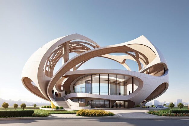 3d render of a modern circle building model architecture experimental concept