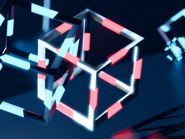 3d render of blochain cobes in neon blue light. Big data concept. Artificial intellegence. abstract