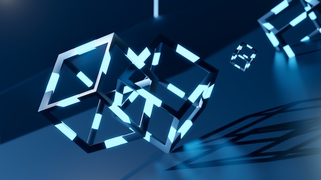 3d render of blochain cobes in neon blue light. Big data concept. Artificial intellegence. abstract
