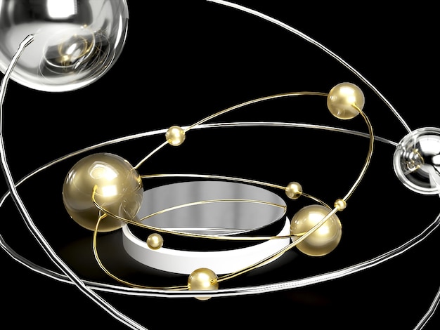 3D Render stand surrounded by a circle and a golden and silver sphere