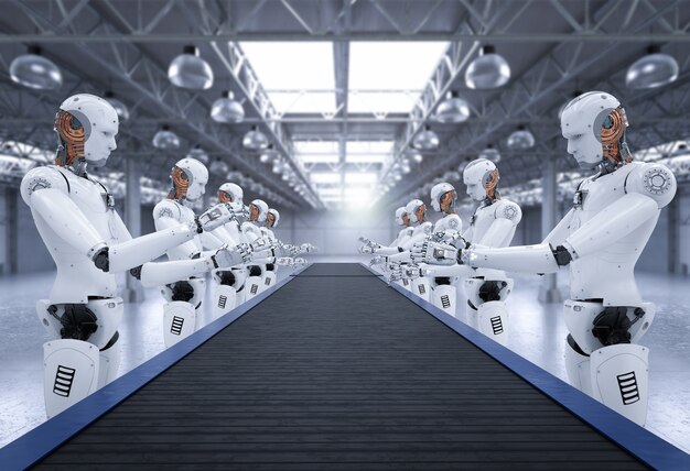 3d rendering android robot assembly line with conveyor line