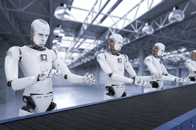 3d rendering android robot assembly line with conveyor line