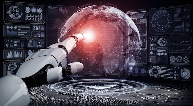 3D rendering artificial intelligence AI research of robot and cyborg development for future of people living Digital data mining and machine learning technology design for computer brain