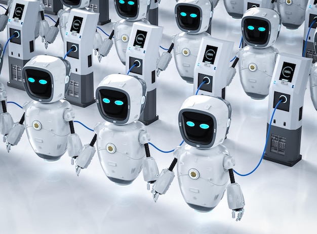 3d rendering assistant robotÂ charge with electric charging stationÂ 