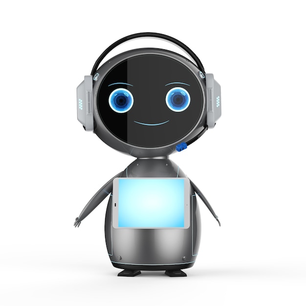 3d rendering cute assistant robot with tablet screen