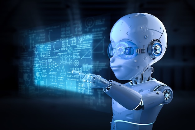3d rendering cute robot or artificial intelligenceÂ robot with cartoon characterwith graphic display
