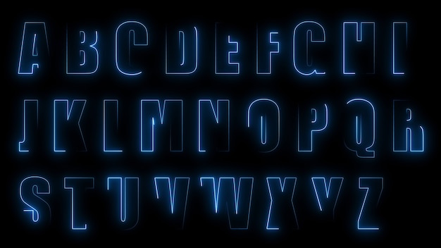3d rendering glow effects of the contours of the uppercase letters of the english alphabet